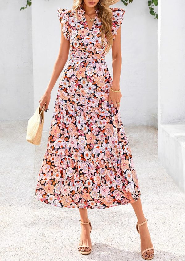 PRETTYGARDEN Women's 2025 Summer Floral Midi Dress Cap Sleeve V Neck Ruffle Long Flowy Boho Casual Beach Vacation Dresses - Image 91