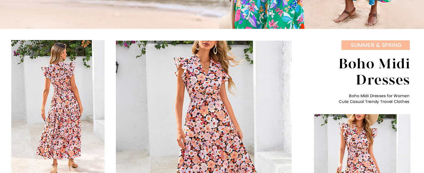 PRETTYGARDEN Floral Cap Sleeve Midi Dresses for Women V Neck Long Sundresses
